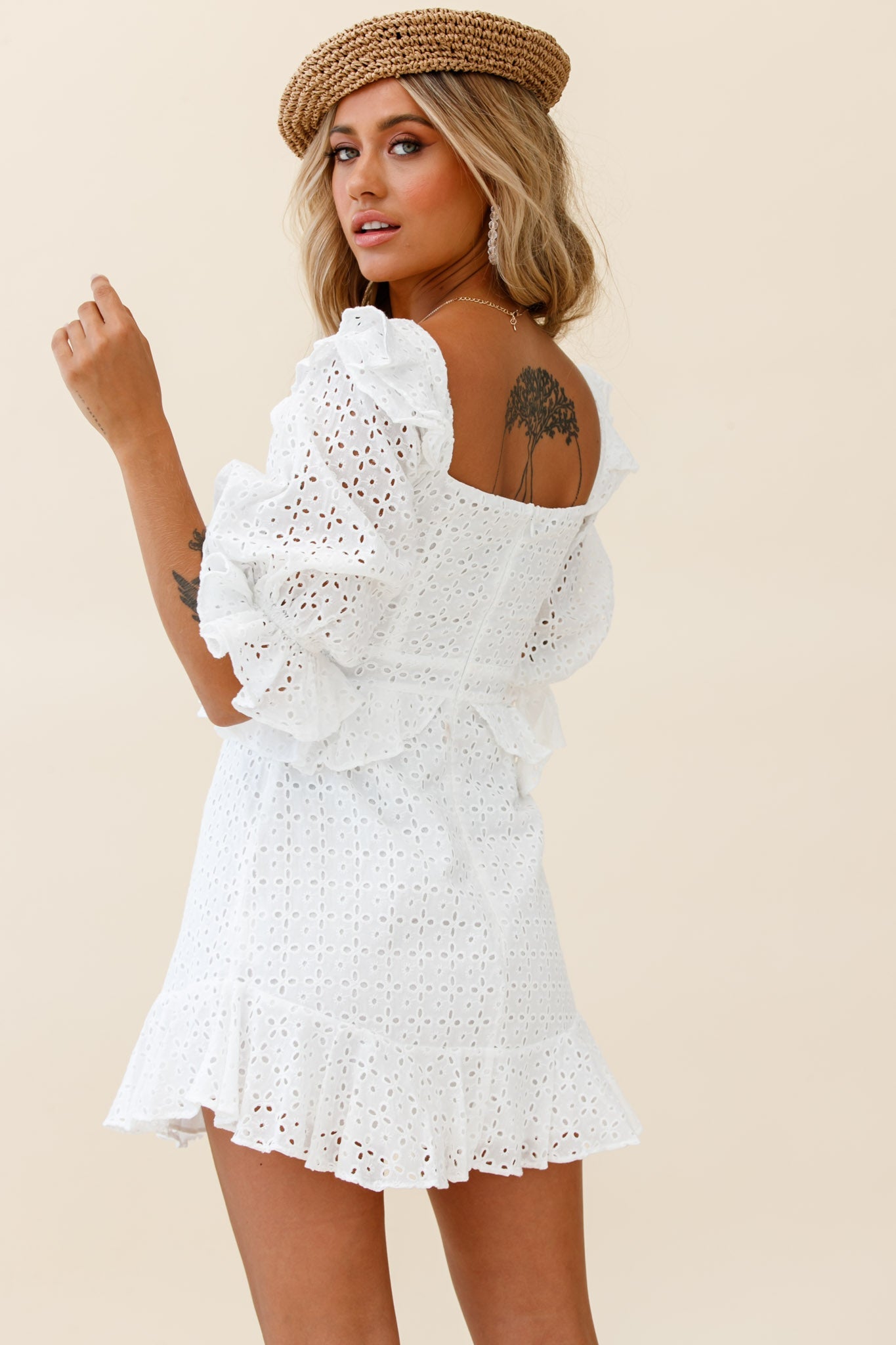Say That Again Bust Tie Ruffle Trim Dress White