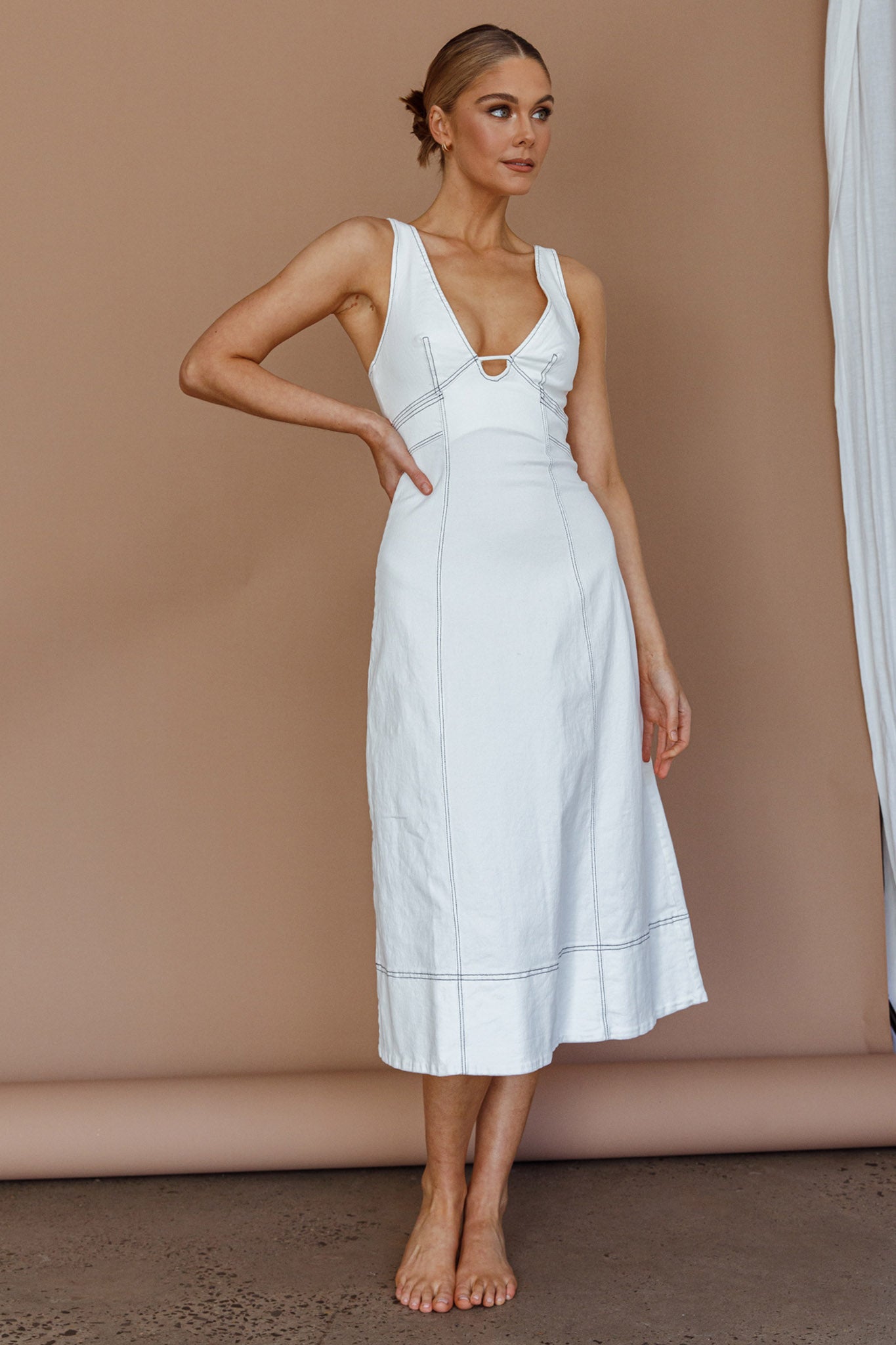 Elias Decorative Stitch Midi Dress White