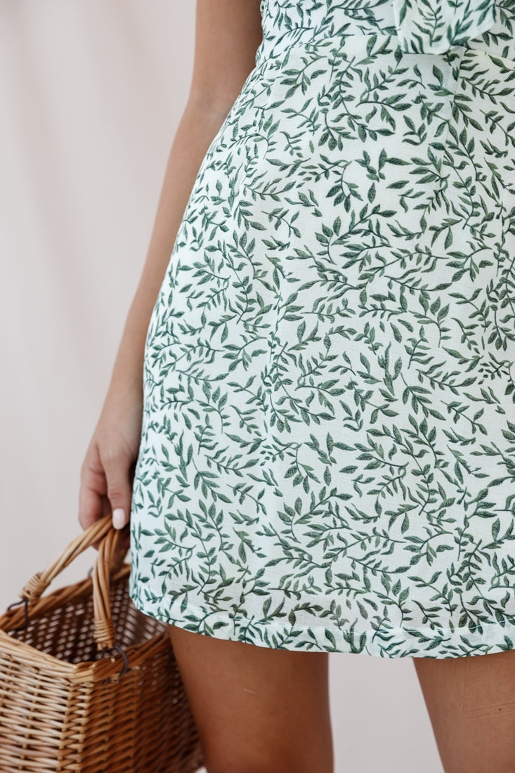 Hope Tie-Knot Bust Mini Dress Leaf Print White