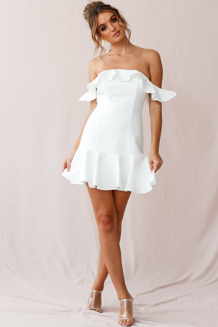 Ondine Bardot Neckline Fluted Hem Dress White
