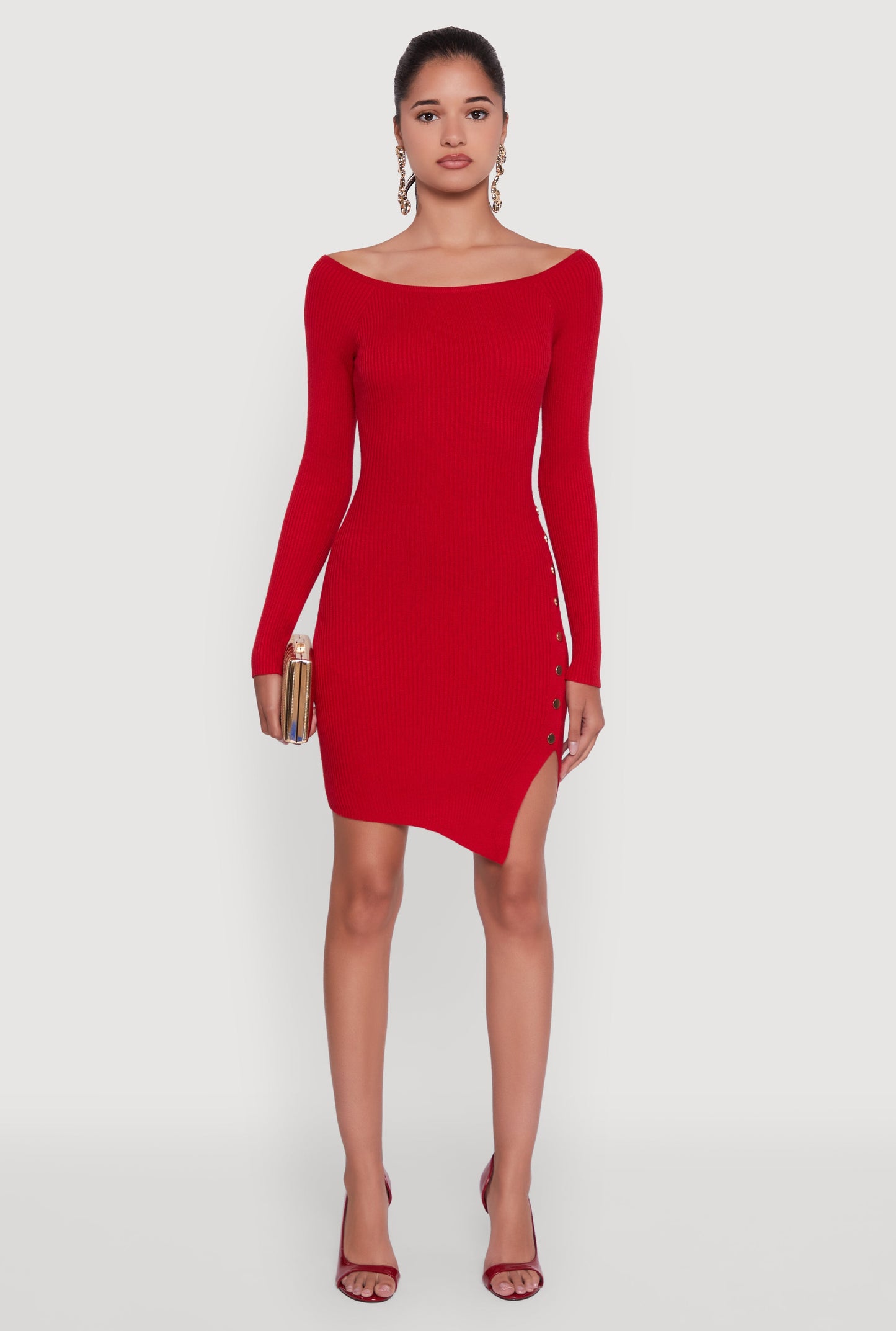 Metallic Button Detail Side Slit Boat Neck Sweater Dress