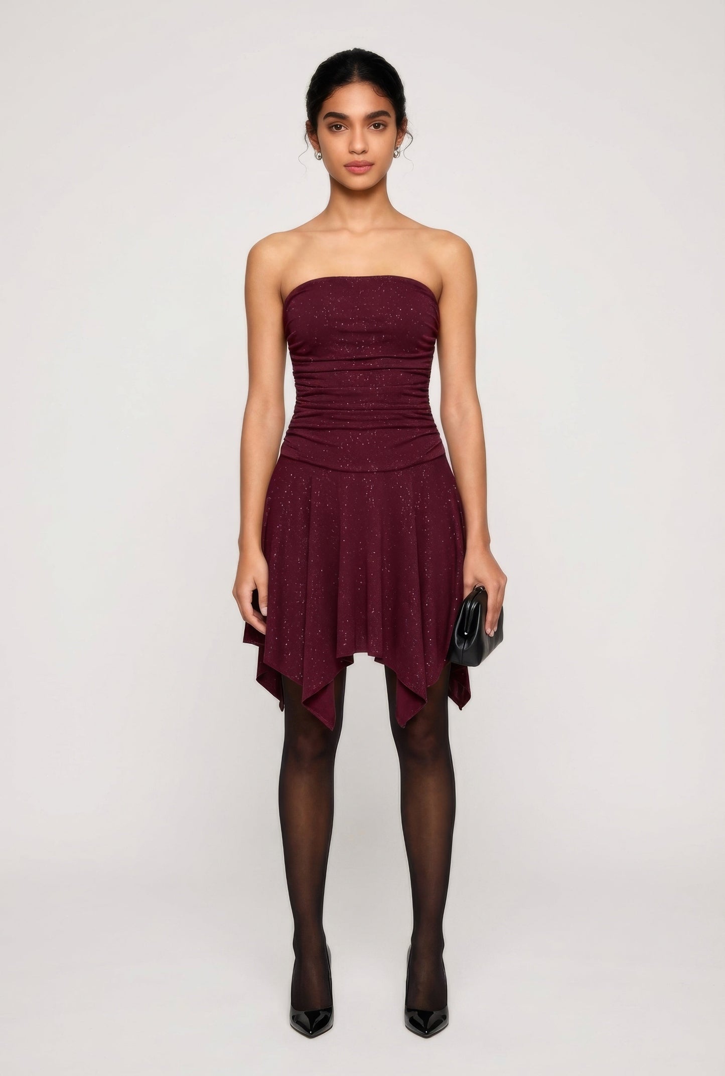 Strapless Side Ruched Handkerchief Hem Dress