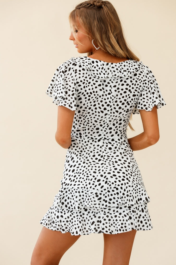 Kalina Ruffle Neckline Flutter Sleeve Mini Dress Spot Print White/Black