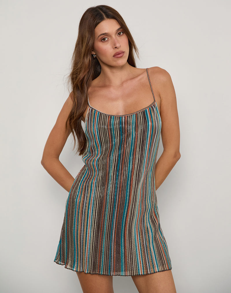 Cheria Mini Dress in Shimmer Plisse Blue Brown