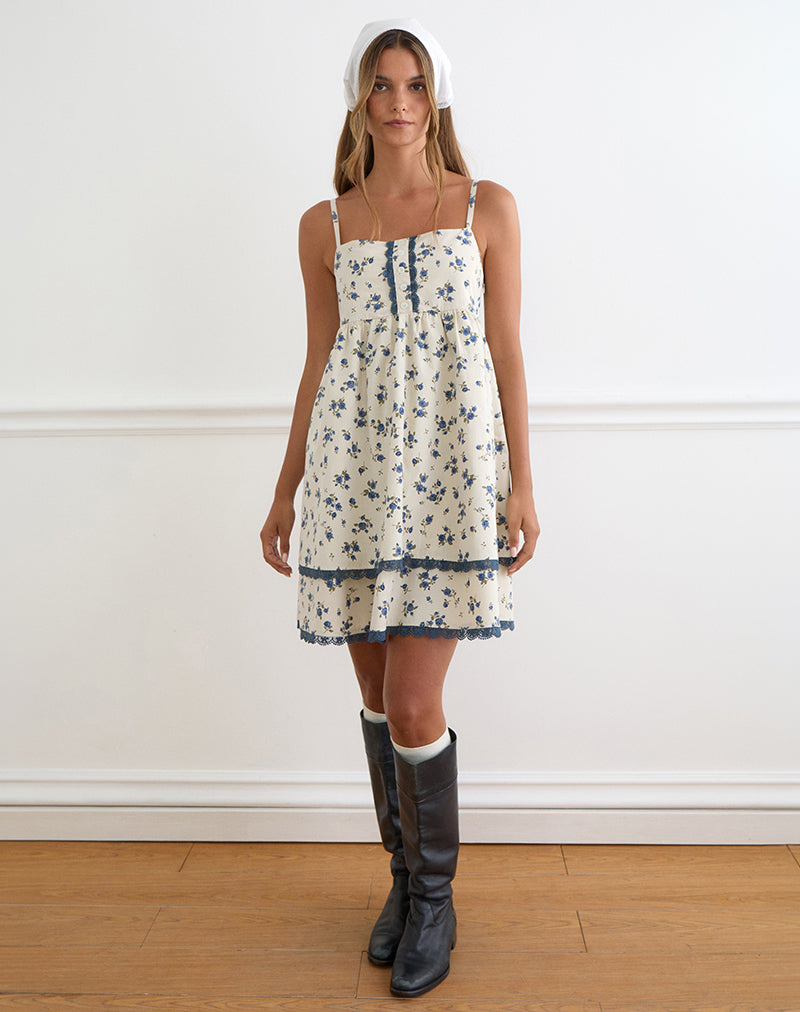 Gal Mini Dress in Ditsy Leaf Rose Navy
