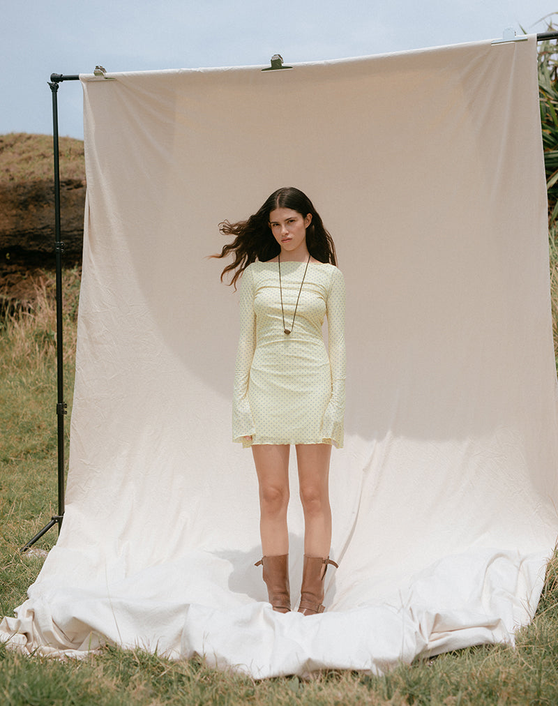 Sevila Mini Dress in Yellow with Compact Grey Polka