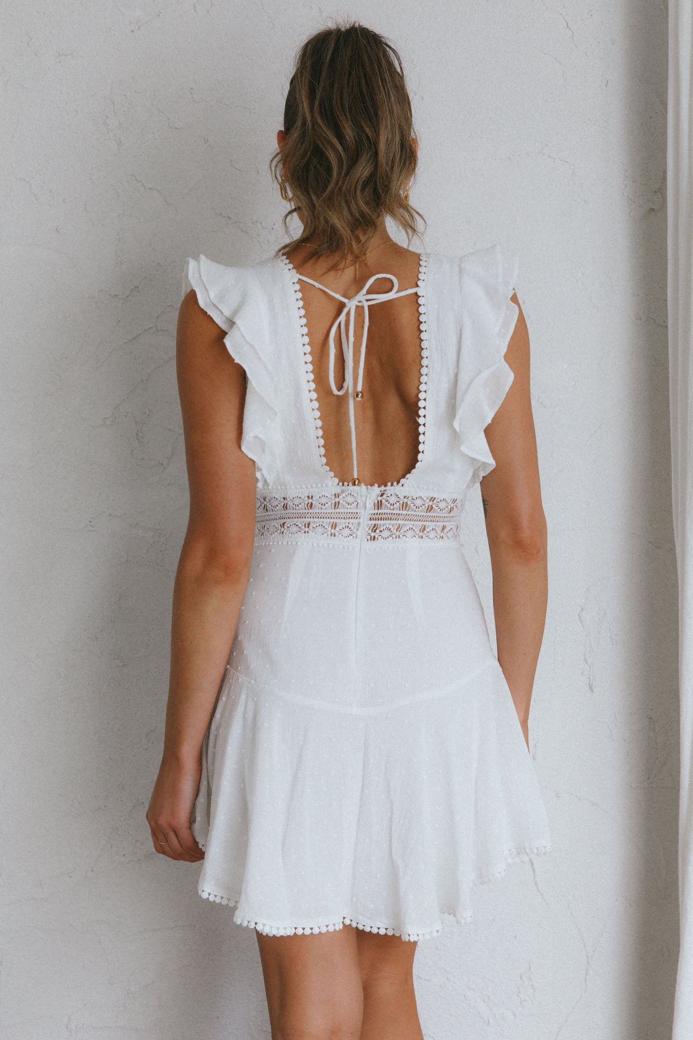 Idyllwild Ruffle Shoulder Mini Dress Off White