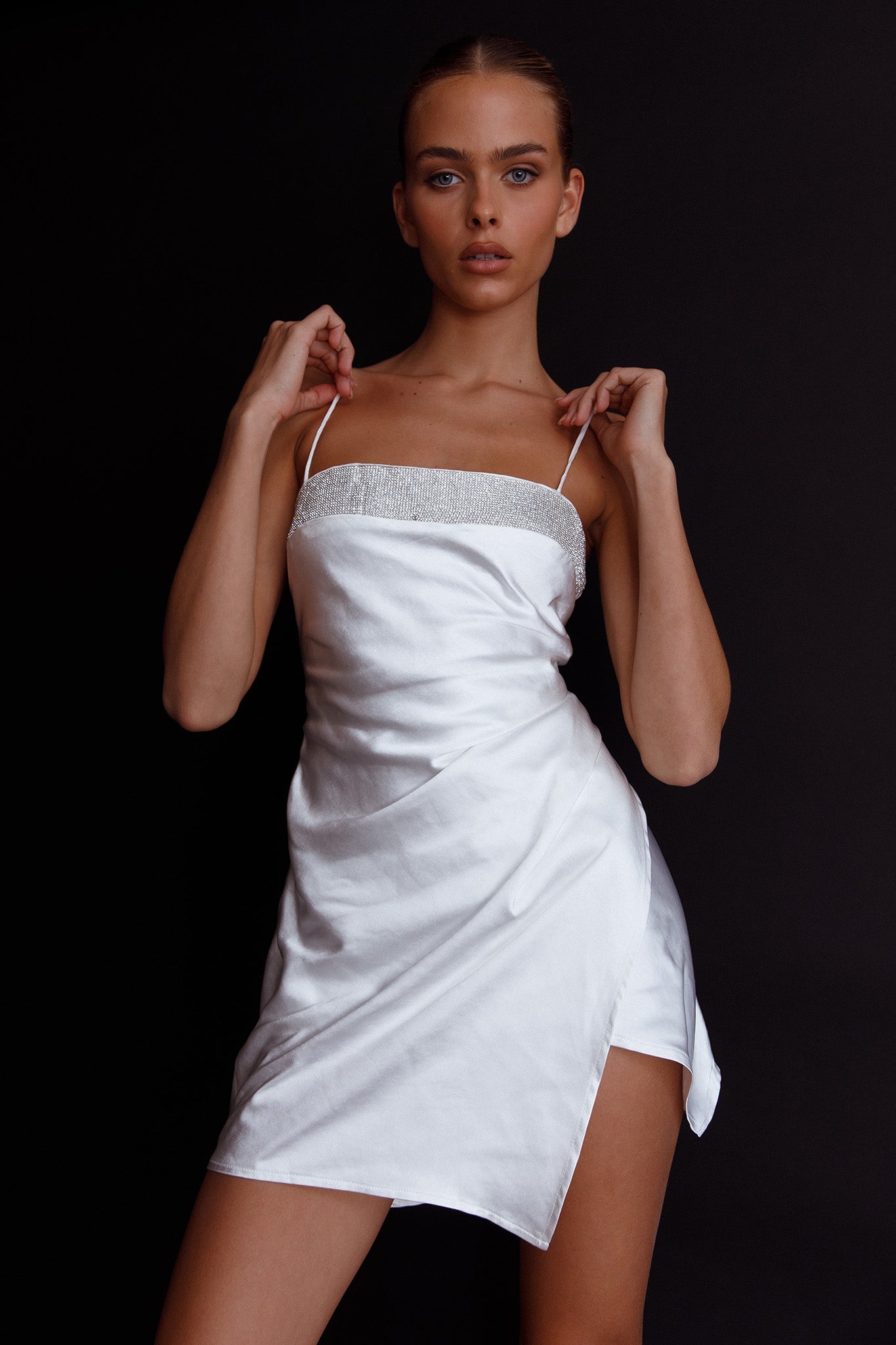 Making Headlines Diamante Neckline Mini Dress White