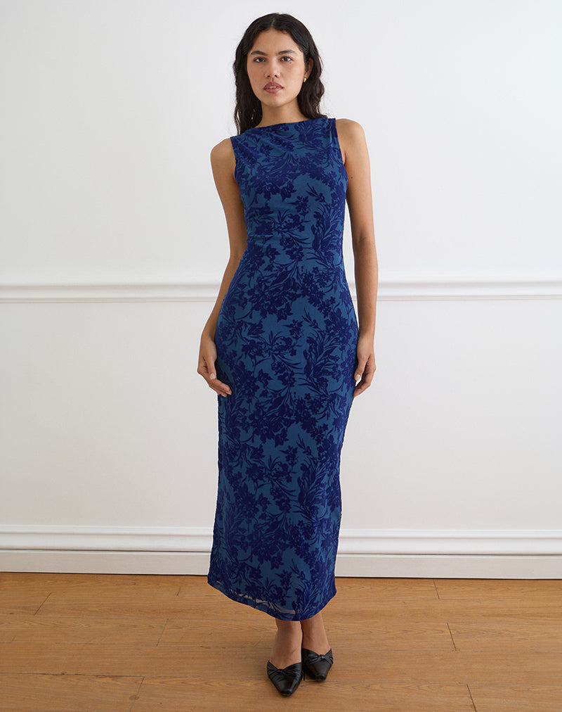 Ventura Maxi Dress in Midnight Leaf Flock Navy