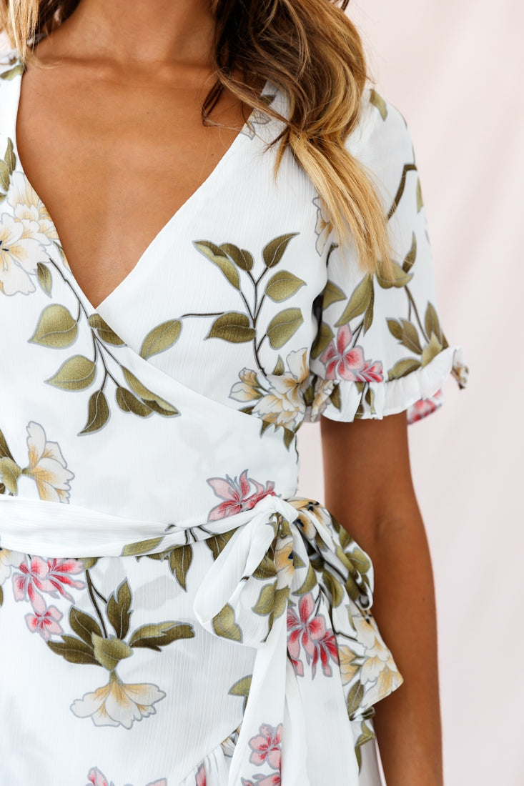 Omara Floral Wrap Ruffle Trim Dress White