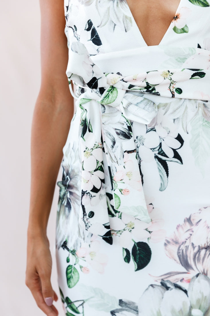 Sorry Not Sorry Wide Strap Flounce Floral Dress White